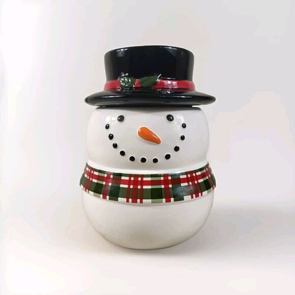 Winter Wonder Lane Other - Winter Wonder Lane Snowman Cookie Jar Ceramic Top Hat Plaid Scarf